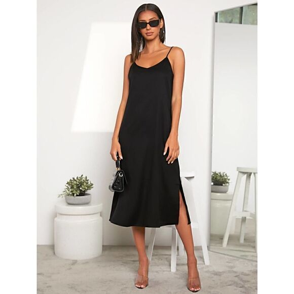 Minimalist Split hem Cami strap midi Dress black - Picture 1 of 11